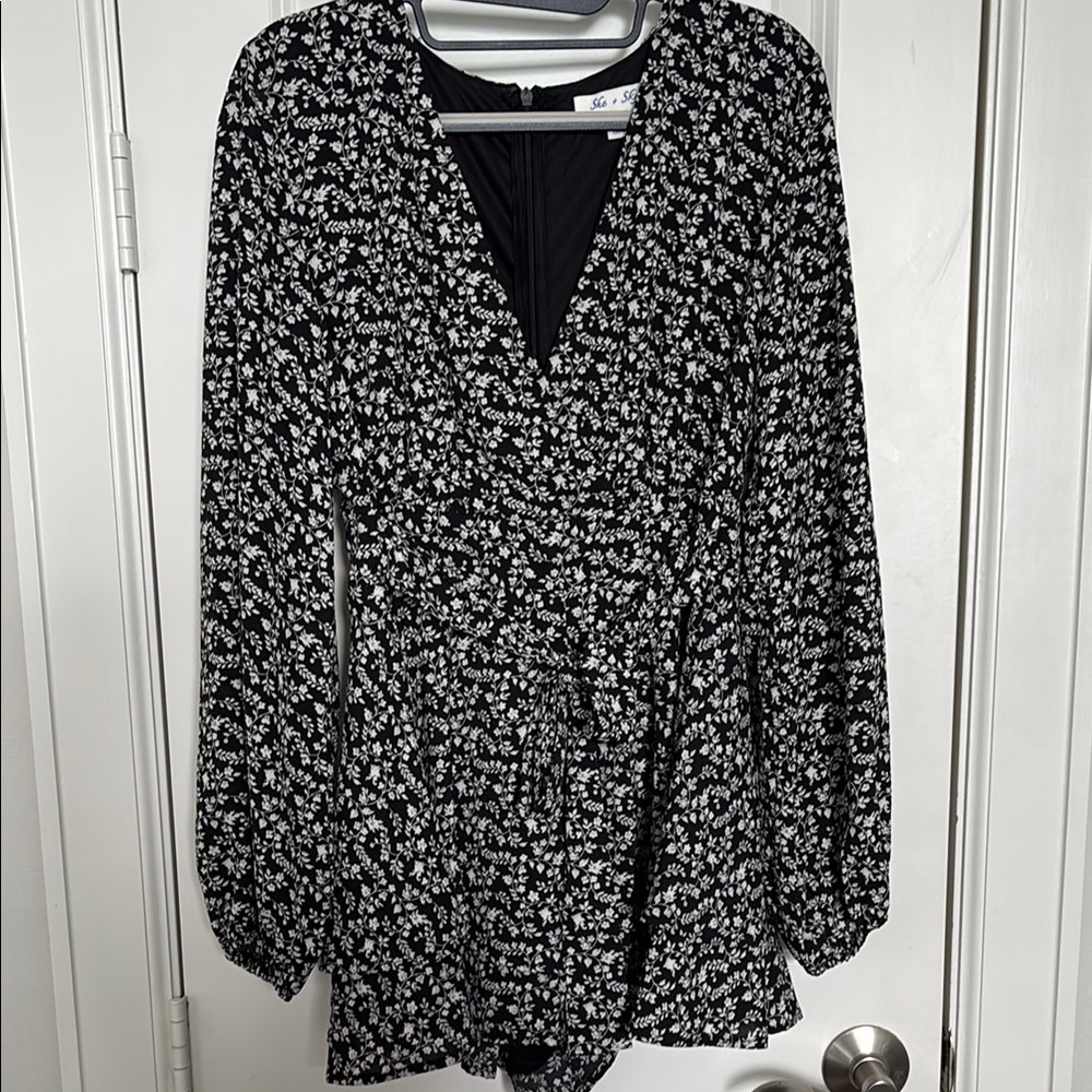 Floral Black and White Long Sleeve Dress